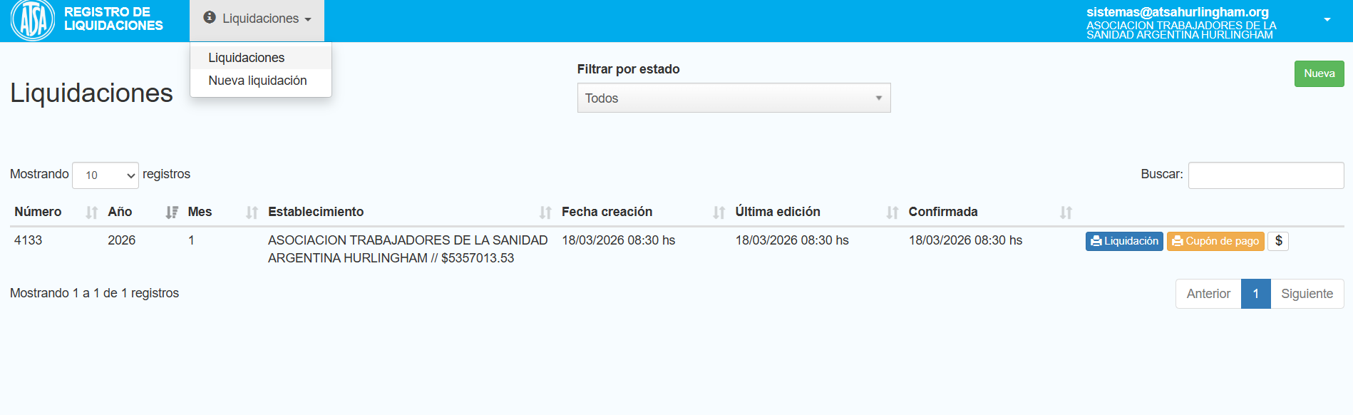 Pantalla de inicio de sesión del sistema